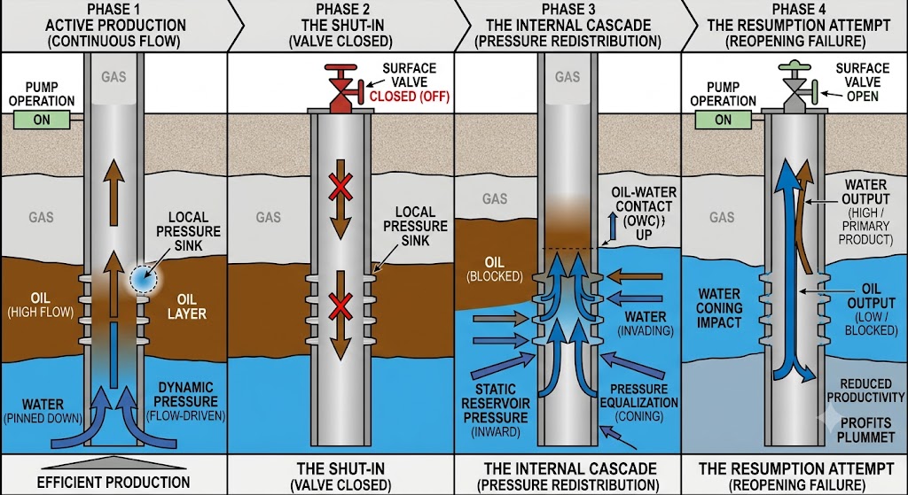 What happens inside a well when you shut it in: pressure redistribution, water invasion, and a reopening that does not give you back what you had.